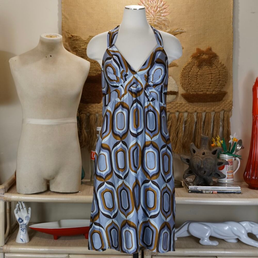 Y2k silk mid mod graphic halter neck silk dress